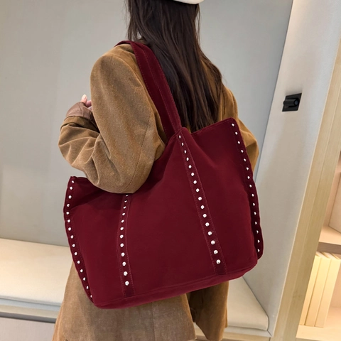 Sac Cabas Vintage En Velours Côtelé Grande Capacité Sac À Épaule Femme Avec Rivets Argentés Fermoir Magnétique Retro