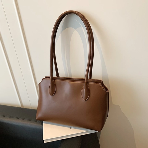 Minimalist Large Capacity PU Leather Underarm Tote Bag For Women Vintage Simple Solid Color Shoulder Bag For Commute Daily