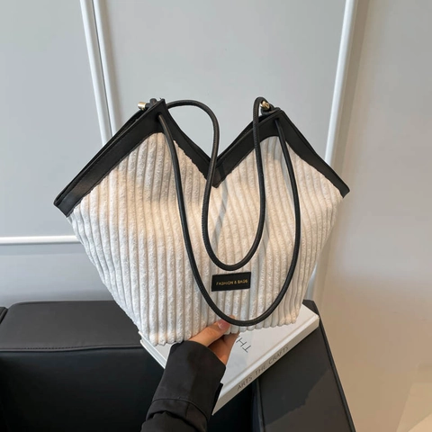 Women Corduroy Tote Bag Large Capacity Contrast Color Shoulder Bag With Plush Cloud Charm Commuter Work School Handbag