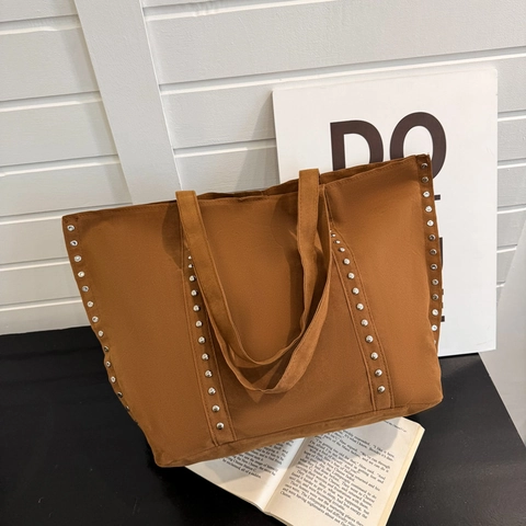 Sac Cabas Vintage En Velours Côtelé Grande Capacité Sac À Épaule Femme Avec Rivets Argentés Fermoir Magnétique Retro