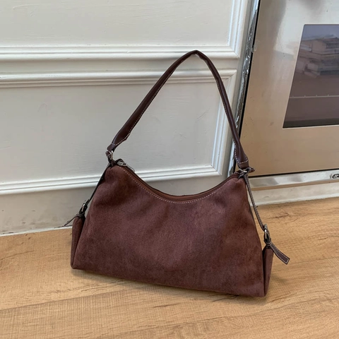Sac à Épaule en PU à Texture Daim Rétro pour Femmes Surpiqûres Contrastées Grande Capacité Sac Hobo Simple Décontracté