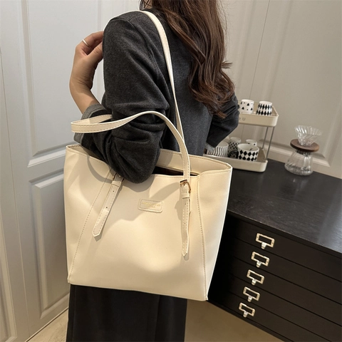 Women PU Leather Tote Bag Large Capacity Vintage Minimalist Shoulder Handbag Solid Color Zipper Closure Commuter