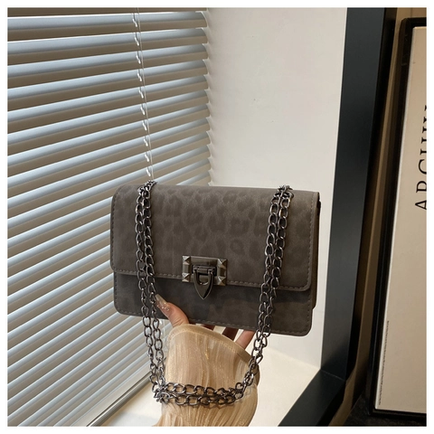 Women Leopard Print Shoulder Bag PU Leather Suede Small Square Crossbody Bag With Metal Chain Lock Buckle