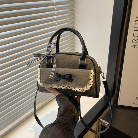 Borsa Boston Dolce Retrò con Fiocco e Pizzo per Donna Pelle PU Trama Denim Borsa a Tracolla a Mano con Nastro Gingham