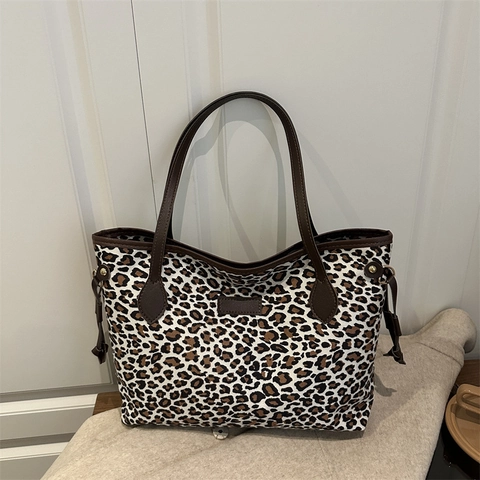 Borsa Tote da Donna con Stampa Leopardata Grande Capacità Tela Pelle PU Borsa a Spalla Urban Minimalista Casual Pendolare