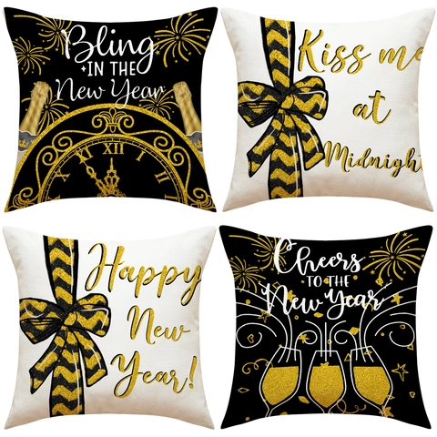 Happy New Year Cushion Cover Linen Polyester Black Gold Fireworks Clock Midnight Decorative Pillowcase Party Decor