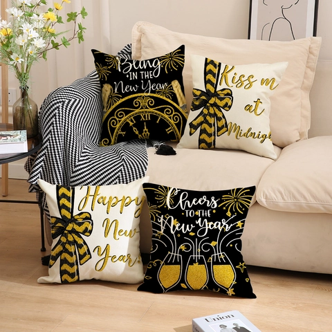 Happy New Year Cushion Cover Linen Polyester Black Gold Fireworks Clock Midnight Decorative Pillowcase Party Decor
