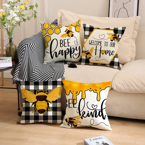 Noords Lente Bij Linnen Kussensloop Honingraat Gnoom Print Decoratieve Kussenhoes Voor Bank Couch Home Decor
