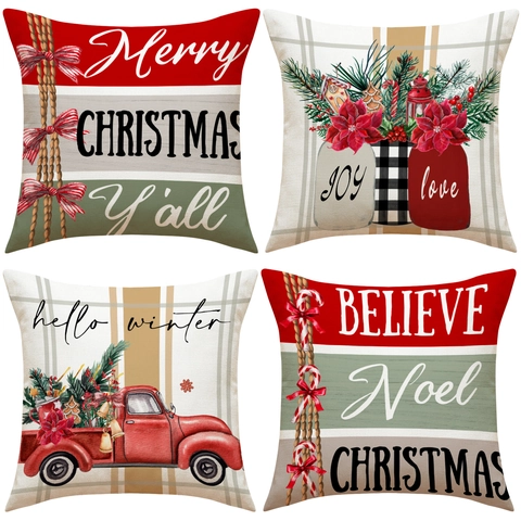 Housses De Coussin De Noël Lin Respirant Taie D'Oreiller Pour Canapé Salon Camion Rouge Imprimé Hiver Décor De Fête