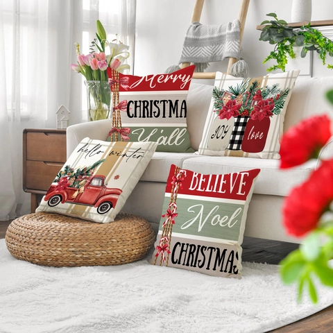 Housses De Coussin De Noël Lin Respirant Taie D'Oreiller Pour Canapé Salon Camion Rouge Imprimé Hiver Décor De Fête