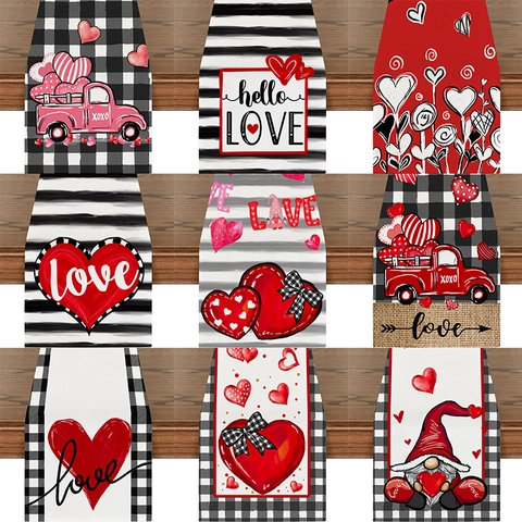 Valentinstag Tischläufer Polyester Leinen Herz Gnom LKW Druck Karo Streifen Liebe Tischdeko Für Küche Esszimmer