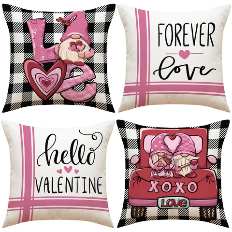 Valentine's Day Pillow Covers Linen Polyester Heart Gnome Letter Print Buffalo Check Decorative Cushion Cases For Sofa Home