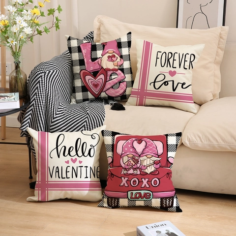 Valentine's Day Pillow Covers Linen Polyester Heart Gnome Letter Print Buffalo Check Decorative Cushion Cases For Sofa Home
