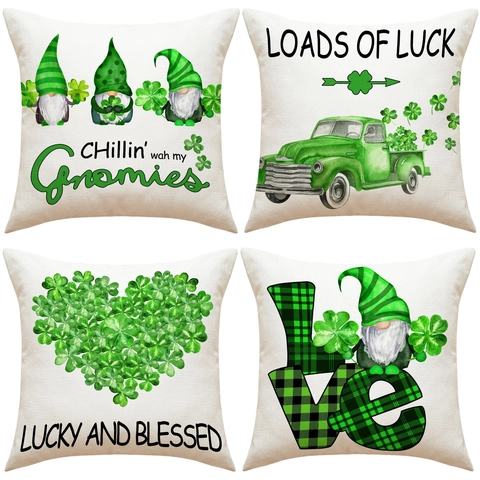 St Patrick's Day Clover Cushion Covers Linen Look Polyester Pillowcase Gnomes Green Truck Patterns Decorative Home Decor For Sofa Bed