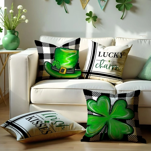 Housses de Coussin Décoratives Saint-Patrick Lin Carreaux Buffalo Trèfle Chapeau Irlandais Taie de Coussin pour Canapé