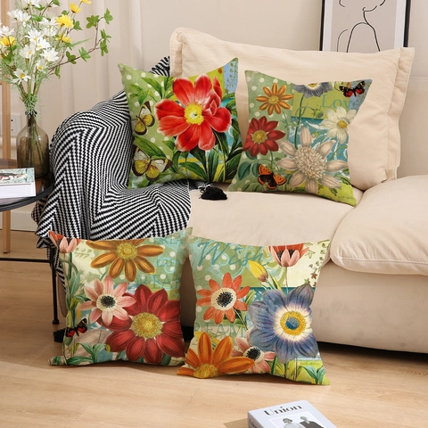 Funda de Almohada Decorativa Vintage Floral Mariposa Textura Lino Estilo Pintura al Óleo Decoración del Hogar para Sofá