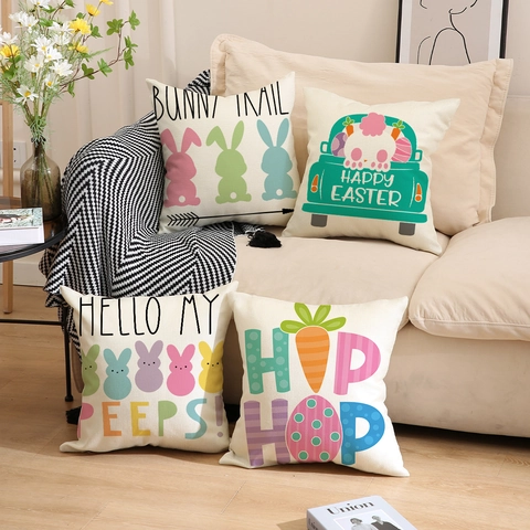 Fundas De Cojín Pascua Lino Estampados Conejo Camión Zanahoria Fundas Decorativas Para Sofá Hogar