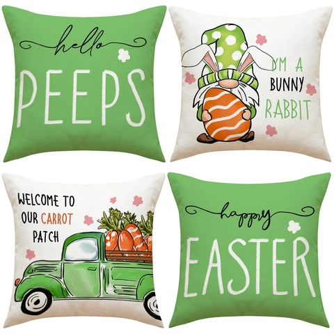 Easter Pillow Covers Linen Blend Polyester Cartoon Gnome Rabbit Truck Printed Home Sofa Couch Festive Party Decor