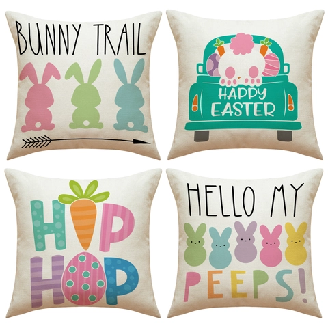 Fundas De Cojín Pascua Lino Estampados Conejo Camión Zanahoria Fundas Decorativas Para Sofá Hogar