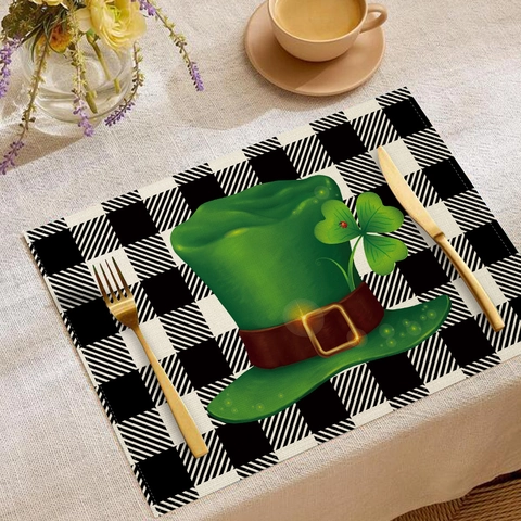 Manteles Individuales de Lino Día de San Patricio Cuadros Búfalo Trébol Sombrero Verde Camión Tapetes de Mesa Resistentes al Calor para Comedor Fiesta