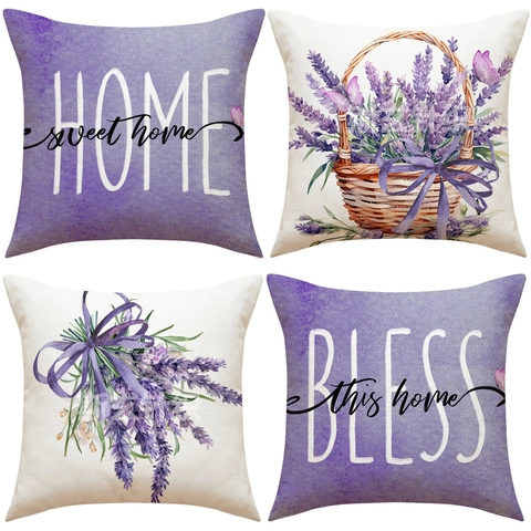 Lavendel Blumendruck Dekorativer Kissenbezug Aquarellmuster Polyester Quadratischer Kissenbezug Für Sofa Zuhause Dekor