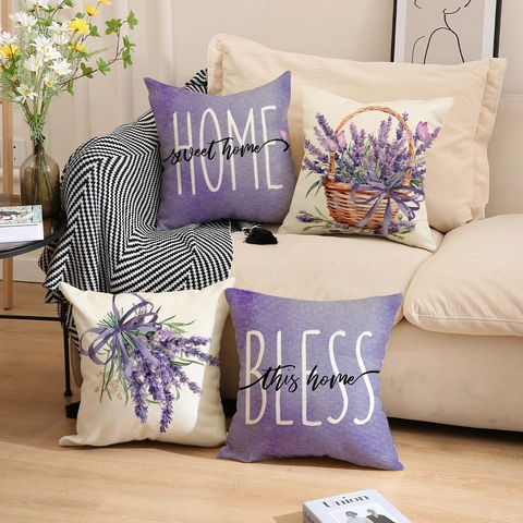 Lavendel Blumendruck Dekorativer Kissenbezug Aquarellmuster Polyester Quadratischer Kissenbezug Für Sofa Zuhause Dekor