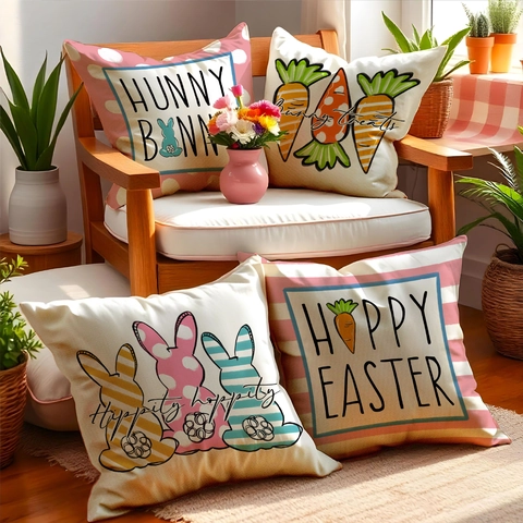 Easter Bunny Decorative Throw Pillowcase Linen Polyester Cushion Cover Sofa Living Room Home Decor Festive Rabbit Pattern