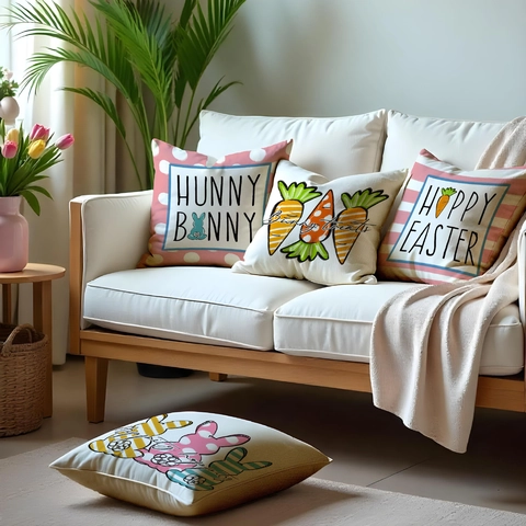 Easter Bunny Decorative Throw Pillowcase Linen Polyester Cushion Cover Sofa Living Room Home Decor Festive Rabbit Pattern