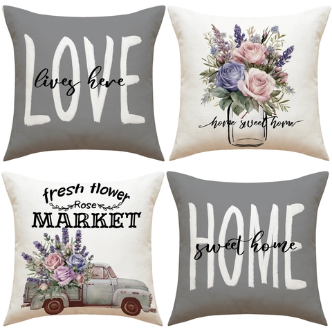 Frühling Floral Dekorative Kissenbezüge Leinenimitat Quadratisch Sofakissenbezug Vintage LKW Buchstaben Druck Für Wohnzimmer Haus Dekor