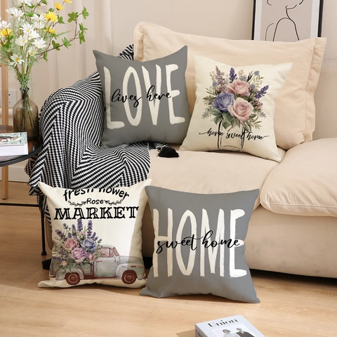 Frühling Floral Dekorative Kissenbezüge Leinenimitat Quadratisch Sofakissenbezug Vintage LKW Buchstaben Druck Für Wohnzimmer Haus Dekor