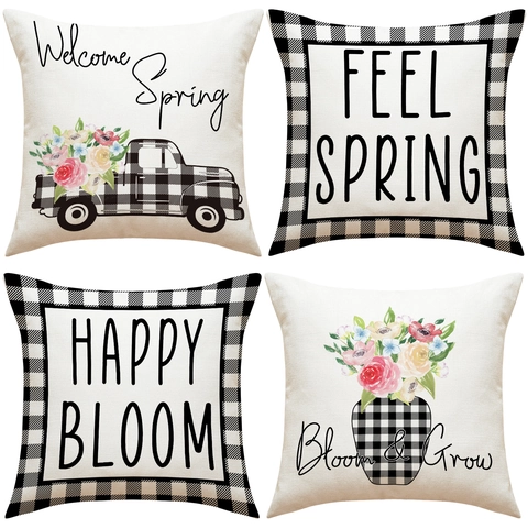 Federe decorative primaverili in lino a quadretti stile rustico floreale con camion vaso di fiori per divano