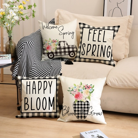 Federe decorative primaverili in lino a quadretti stile rustico floreale con camion vaso di fiori per divano