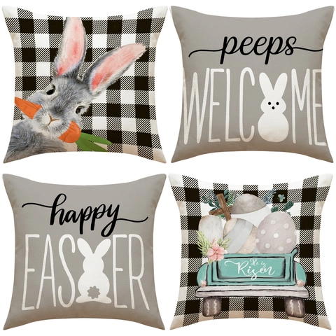 Easter Linen Cushion Cover Buffalo Plaid Rabbit Printed Pillowcase Farmhouse Decorative Pillow Case For Sofa Living Room