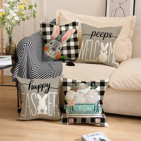 Easter Linen Cushion Cover Buffalo Plaid Rabbit Printed Pillowcase Farmhouse Decorative Pillow Case For Sofa Living Room