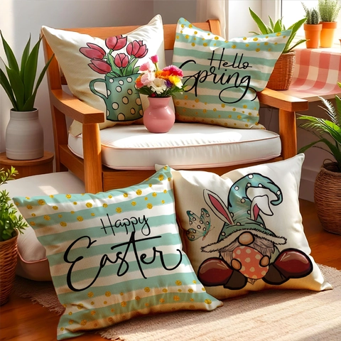 Fundas De Cojín Decorativas Tema De Pascua Lino Funda De Almohada Felices Pascuas Hello Spring Gnomos Tulipanes Para Sofá Casa