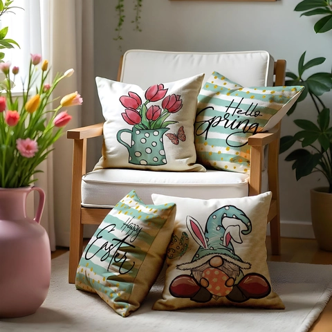 Fundas De Cojín Decorativas Tema De Pascua Lino Funda De Almohada Felices Pascuas Hello Spring Gnomos Tulipanes Para Sofá Casa