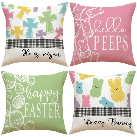 Happy Easter Rabbit Printed Linen Throw Pillow Cover He Is Risen Cross Buffalo Plaid Decorative Cushion Case For Sofa Home Decor