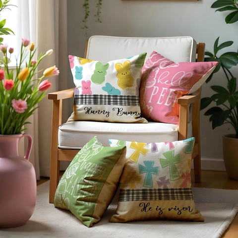 Happy Easter Rabbit Printed Linen Throw Pillow Cover He Is Risen Cross Buffalo Plaid Decorative Cushion Case For Sofa Home Decor