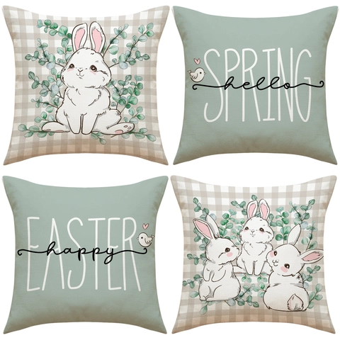 Ostern Kissenbezüge Leinen Cartoon Hase Blumenmuster Dekorative Kissenhülle Frühling Home Deko Happy Easter Hello Spring