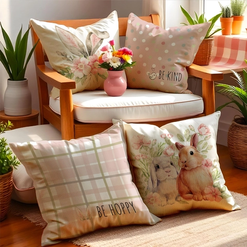 Ostern Hasenohr Blume Kissenbezug Polyester Leinenoptik Quadratisch Kissenhülle Für Zuhause Sofa Dekor Aquarell Hase Dekokissen Fall