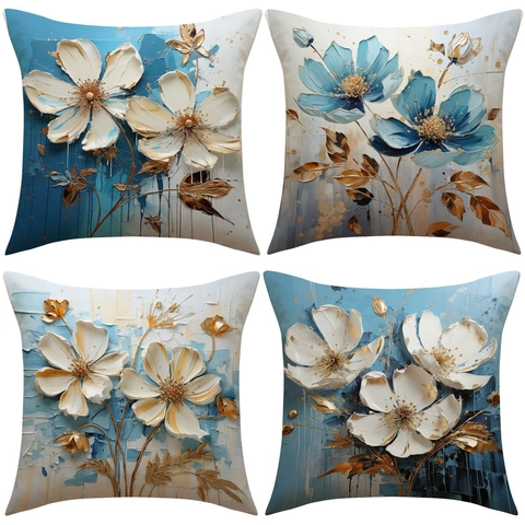Funda De Cojín Decorativa Impresión Floral Pintura Al Óleo 3D Cuadrada Lino Poliéster Para Sofá Decoración Del Hogar Moderna