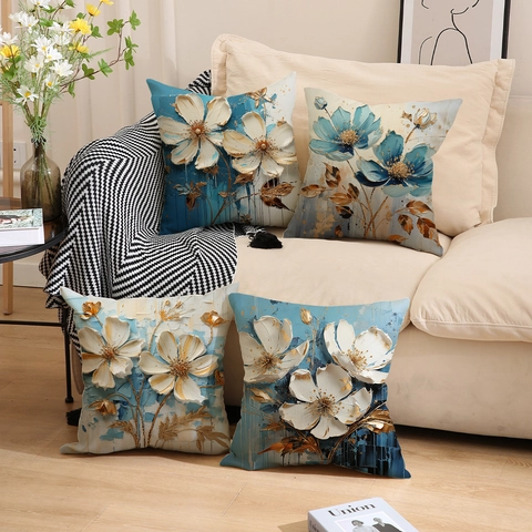 Funda De Cojín Decorativa Impresión Floral Pintura Al Óleo 3D Cuadrada Lino Poliéster Para Sofá Decoración Del Hogar Moderna