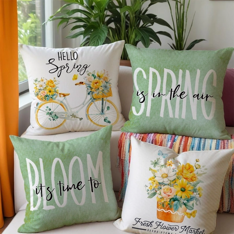 Funda De Cojín De Lino Floral De Primavera Cuadrada Decorativa Botánica Flores Letras Decoración Hogar Sofá