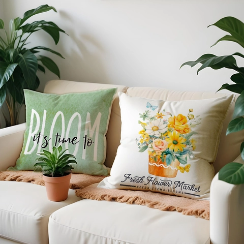 Funda De Cojín De Lino Floral De Primavera Cuadrada Decorativa Botánica Flores Letras Decoración Hogar Sofá