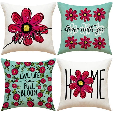 Fundas De Cojín De Lino Decorativas Estampado Floral Margarita Letra Fundas De Almohada Para Sala Sofá Hogar Moderno Simple