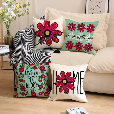 Fundas De Cojín De Lino Decorativas Estampado Floral Margarita Letra Fundas De Almohada Para Sala Sofá Hogar Moderno Simple