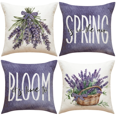 Lavender Floral Throw Pillow Covers Cotton Linen Decorative Cushion Case For Sofa Spring Letter Print Square Home Decor