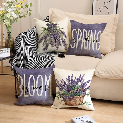 Lavender Floral Throw Pillow Covers Cotton Linen Decorative Cushion Case For Sofa Spring Letter Print Square Home Decor