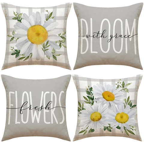 Deko-Kissenbezug Aus Leinen Gänseblümchen Blume Buchstabe Druck Quadratisch Kissenhülle Für Zuhause Sofa Wohnzimmer Deko