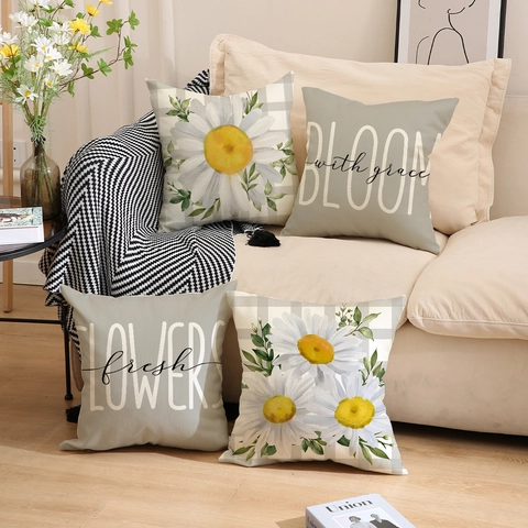 Deko-Kissenbezug Aus Leinen Gänseblümchen Blume Buchstabe Druck Quadratisch Kissenhülle Für Zuhause Sofa Wohnzimmer Deko